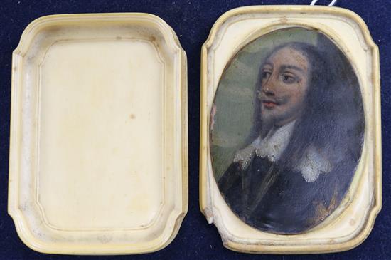 17th century English School Miniature portrait of Charles I oval, 3 x 2in., in a later ivory case